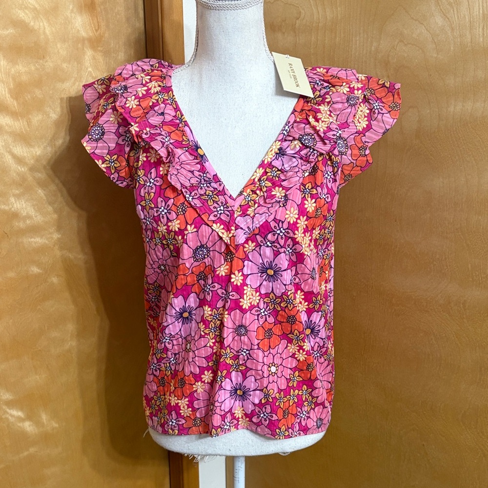 NWT Ramy Brook Cynthia Floral Flutter Sleeve V-Neck Front Size XXS